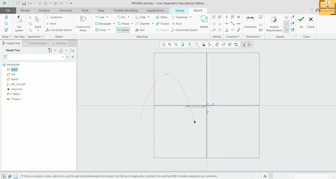 Highlighted spline path within the Sweep command, ready for section definition