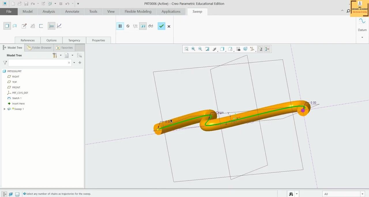 Sweep feature displayed as a surface, with the model tree and surface highlighted