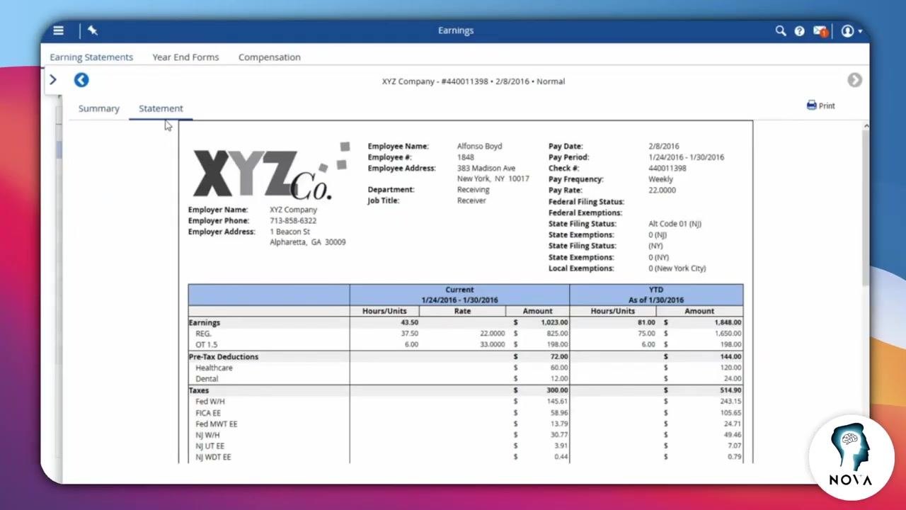 Earnings statement screen showing pay stub details and the Print button at the top right
