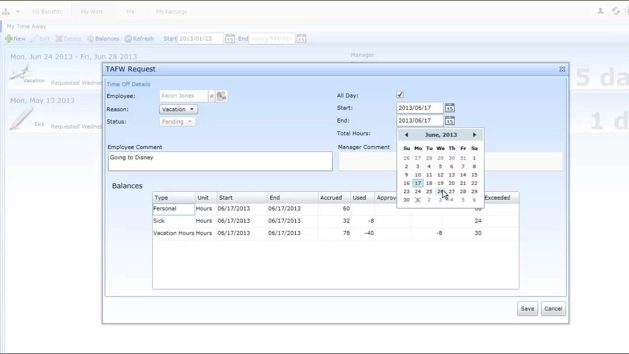 TAFW Request window with calendar open, showing date selection for vacation, employee comment, and real-time balance updates