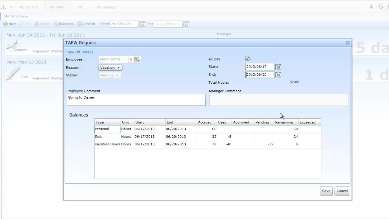 TAFW Request window with corrected dates and sufficient balance, ready to save