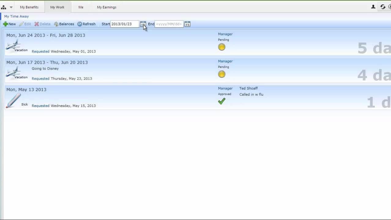 My Time Away dashboard showing current and previous time away requests, with date filters, leave types, statuses, and manager comments