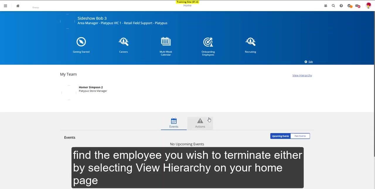 Employee profile summary pop-up for Lisa Simpson 8, showing View Profile and View Hierarchy options. On-screen instruction: "Select View Profile."