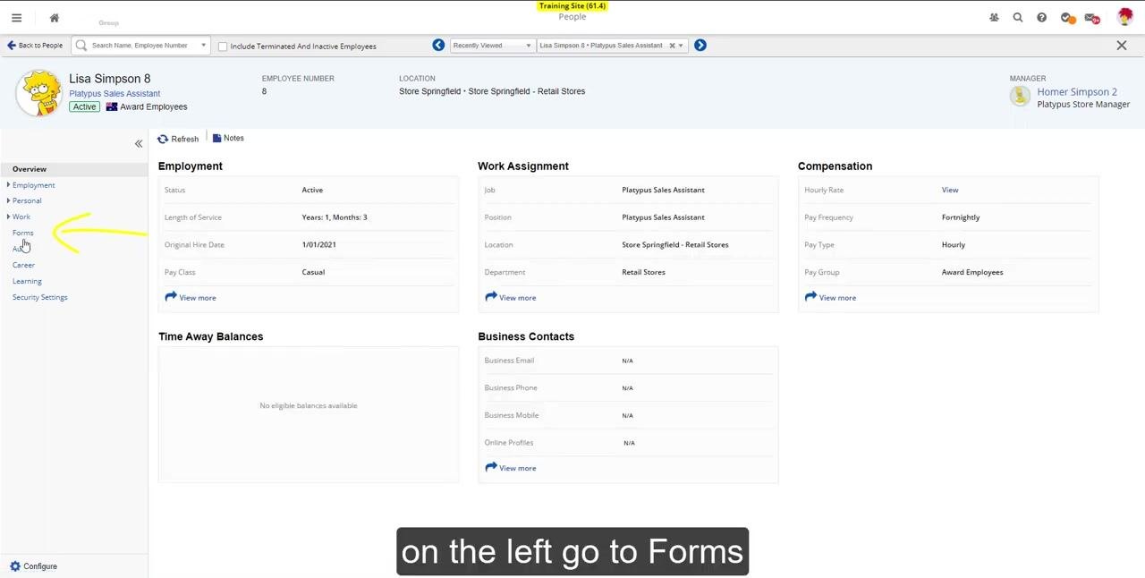 Employee profile overview with the left navigation menu highlighting Forms. On-screen instruction: "On the left, go to Forms."