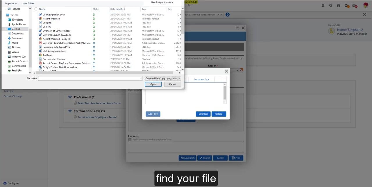 Termination form showing the resignation letter successfully attached in the Supporting Documents section, with file details including name, date/time, and user visible.