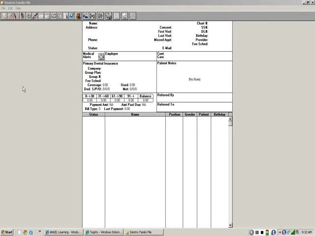 Dentrix Family File main screen with icon bar and patient information fields visible
