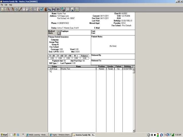 Dentrix Family File window showing the head-of-household (Fran Hunter) as "HoH Guar" with all demographic and account details