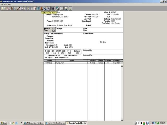 Dentrix Family File window with the mouse hovering over the "Add New Family Member" button in the toolbar, showing the tooltip