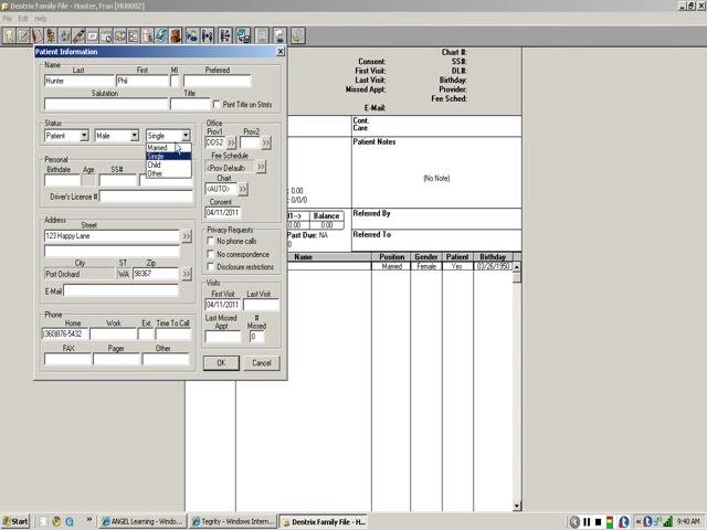 Patient Information dialog open for new family member entry, with fields for name, status, gender, marital status, SS#, address, and phone. "Phil Hunter" is being entered as a male, married patient.