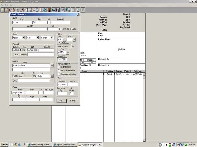 Patient Information dialog with all fields filled, ready to be saved