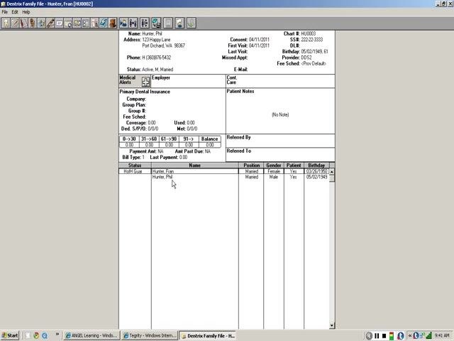 Dentrix Family File window showing both "Hunter, Fran" (HoH Guar) and "Hunter, Phil" as family members