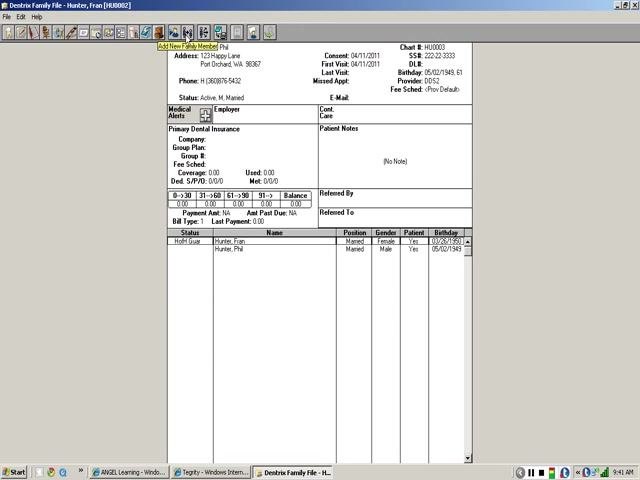 Dentrix Family File window with the "Add New Family Member" button highlighted in the toolbar