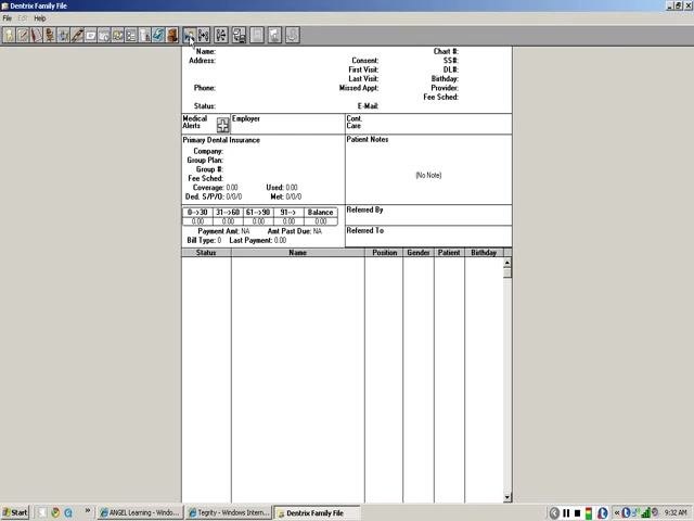 Dentrix Family File screen with cursor near the blue boy icon on the toolbar