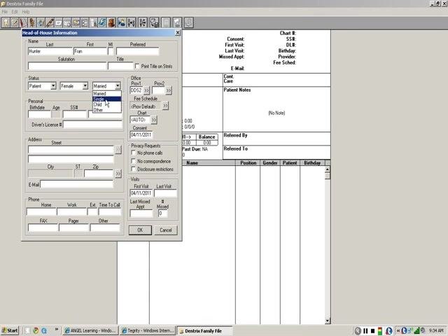 Head-of-House Information dialog with 'Patient', 'Female', and 'Married' selected in the status section