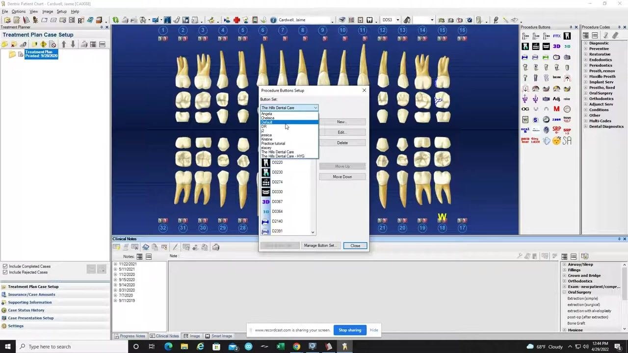 Dentrix Patient Chart screen displaying the dental chart, toolbar, and procedure buttons