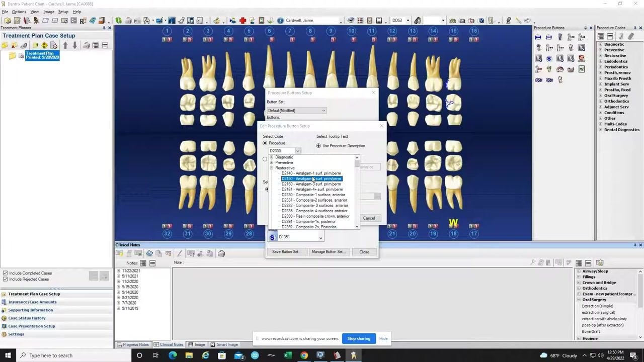 Edit Procedure Button Setup dialog with amalgam codes visible for charting existing restorations