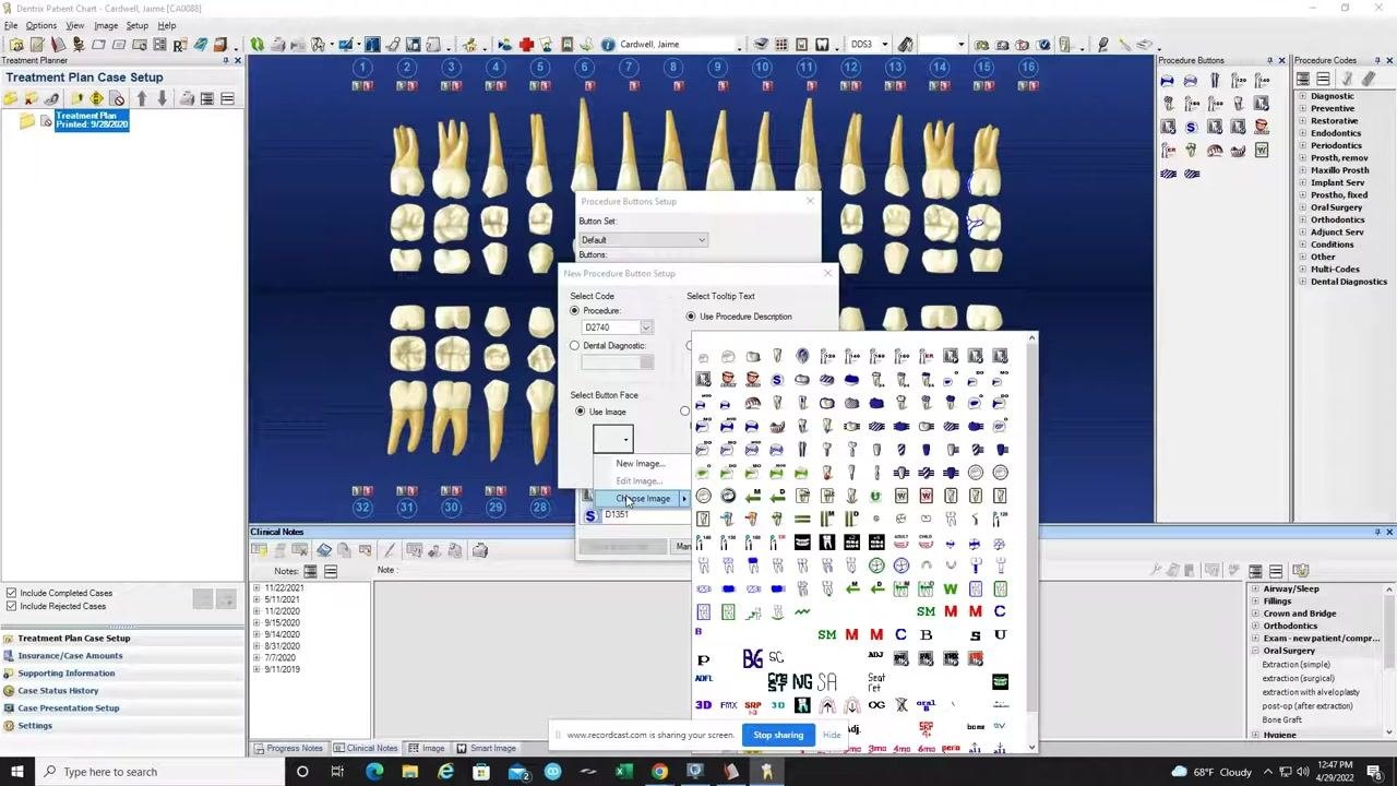 Dentrix icon selection window showing a grid of default icons