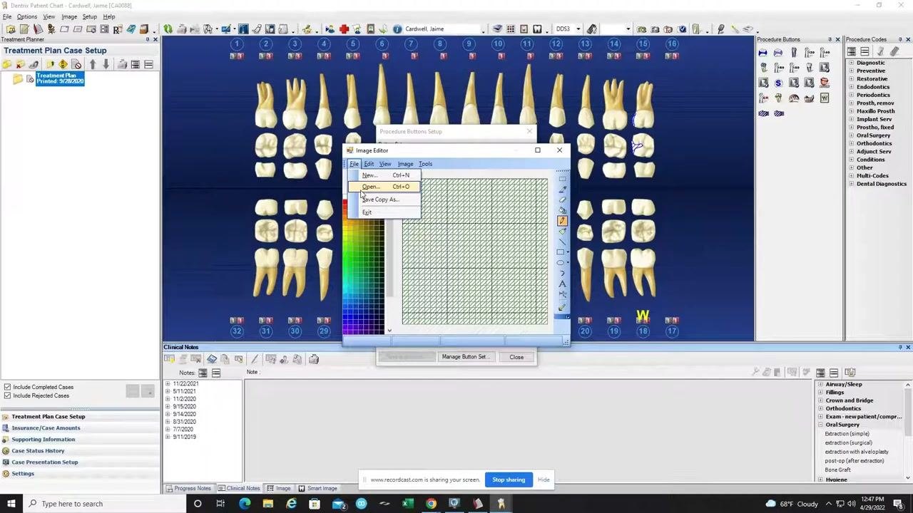 Dentrix Image Editor showing drawing tools, color palette, and file menu for creating or uploading a custom icon