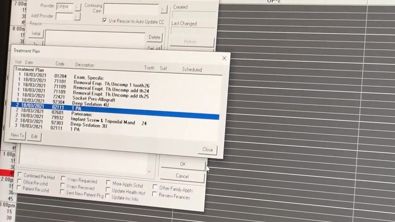 Treatment Plan window open, PA procedure (code: 02111) highlighted for Visit Three