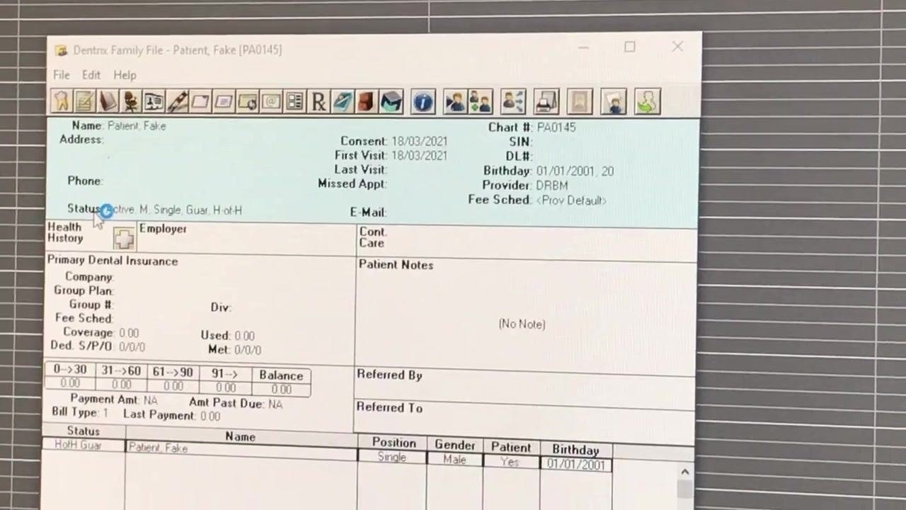 Dentrix Family File open, showing patient details and status, cursor positioned near the "Status" field