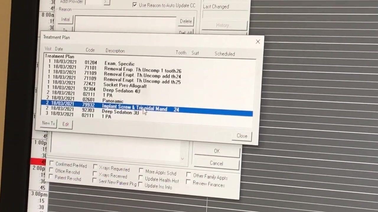 Appointment Information window showing attached procedures, updated description "G implant 24," amount 2760.00, and all fields completed