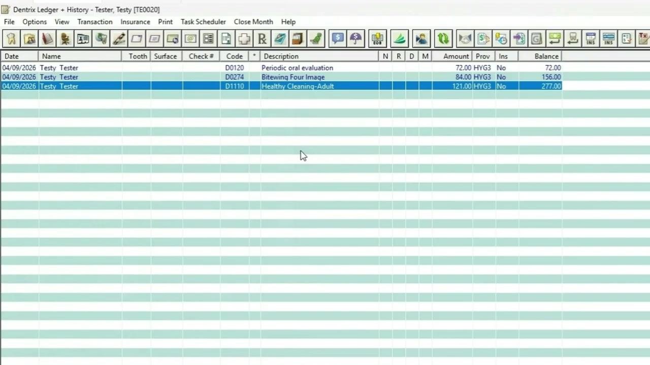 Dentrix Ledger screen showing posted procedures for patient "Testy Tester" with codes D0120, D0274, D1110, their descriptions, amounts, and provider HYG3