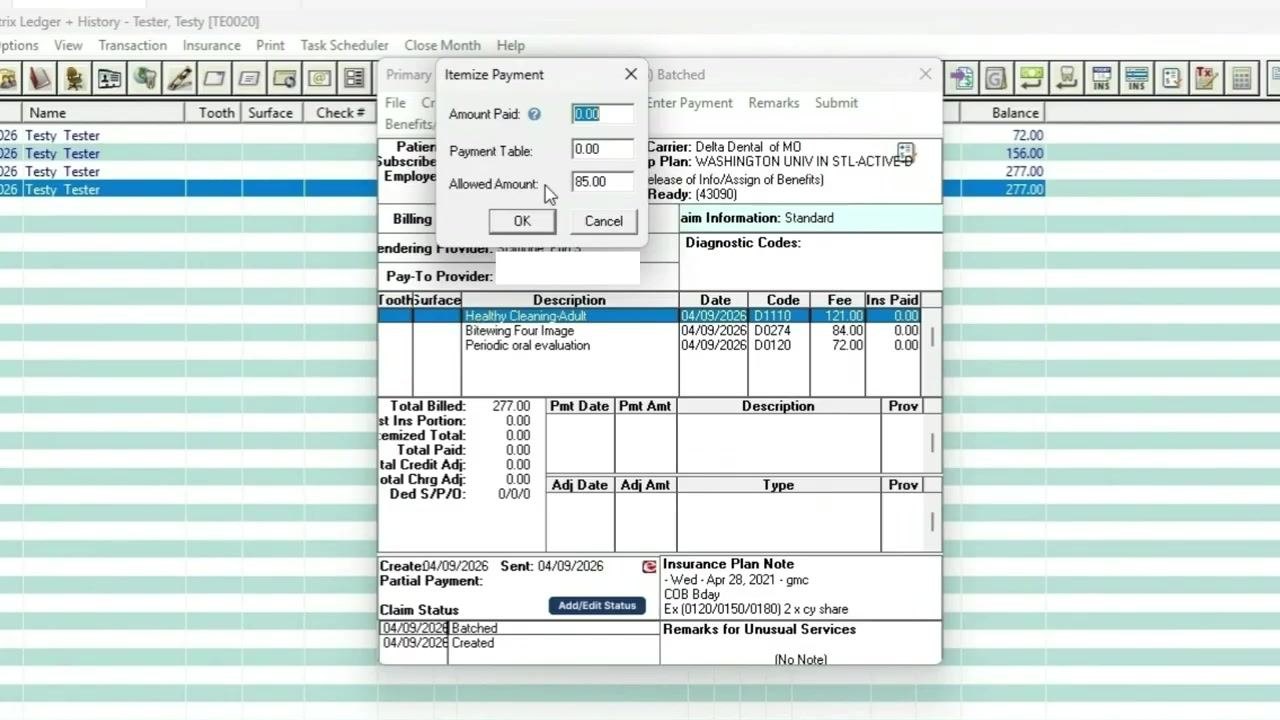 Itemize Payment window with fields for Amount Paid, Payment Table, and Allowed Amount. The procedure "Healthy Cleaning-Adult" is selected, and the Allowed Amount is set to 85.00.