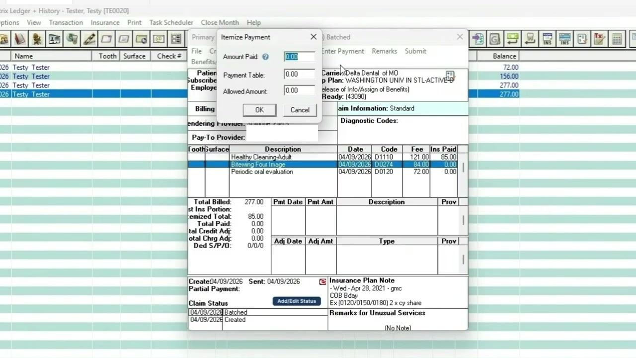 Itemize Payment window now highlights "Bitewing Four Image" with Amount Paid and Allowed Amount fields ready for input.