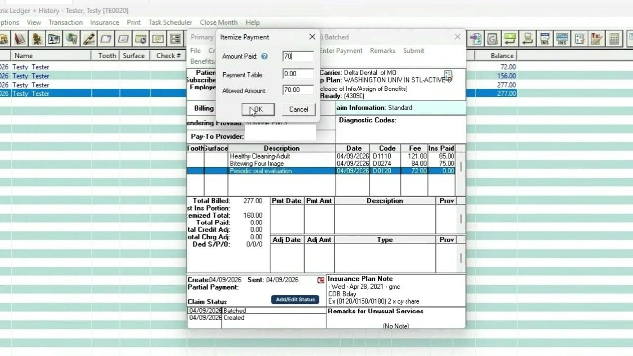 Payment summary showing updated insurance paid amounts for each procedure. "Bitewing Four Image" now shows Ins Paid as 75.00.