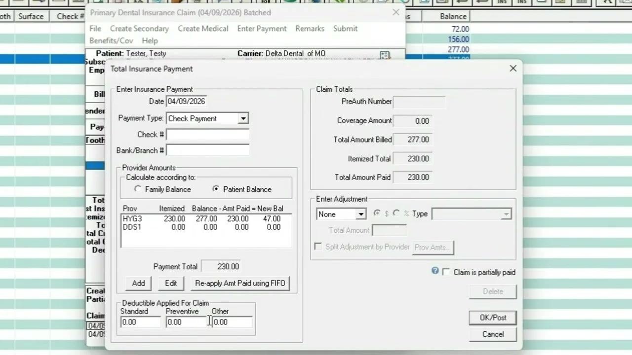 Deductible fields for Standard, Preventive, and Other are visible at the bottom of the payment window.