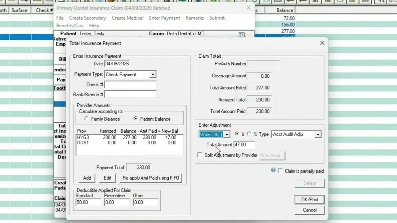 Adjustment section filled with Write-Off selected, Total Amount 47.00, and adjustment type set.