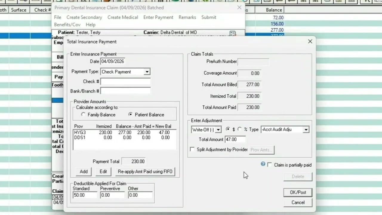 Total Insurance Payment window with all fields completed, including payment, deductible, and adjustment details. The OK/Post and Cancel buttons are visible at the bottom.