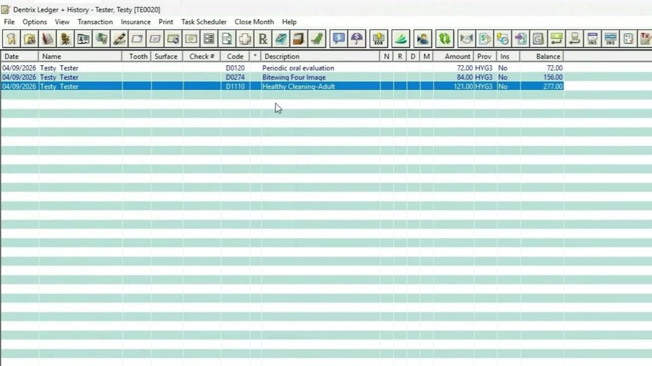 Insurance menu expanded, showing options for Today's Procedures, Selected Procedures, Batch, Send Electronically, and Direct Print