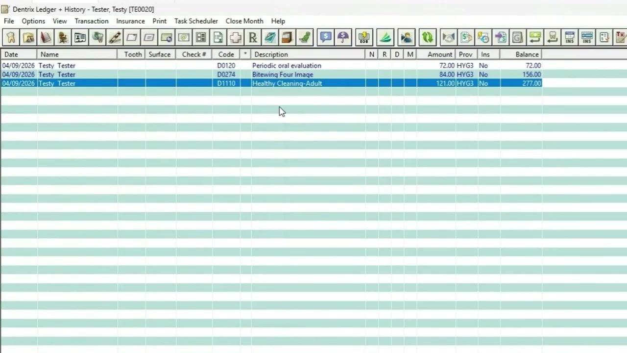 Toolbar with mouse hovering over "Ins. Selected Proc." icon, showing tooltip and posted procedures highlighted