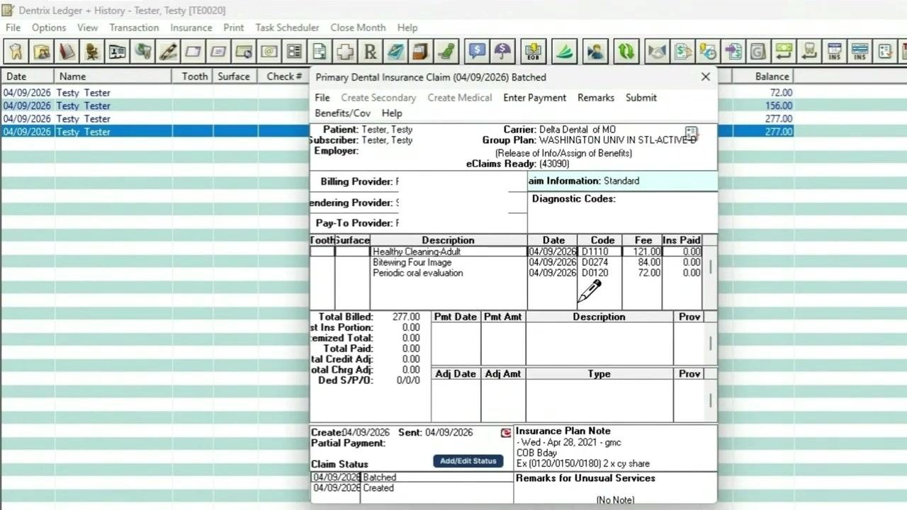 Dentrix Ledger showing new batched insurance claim entry for all procedures, with claim details window open displaying patient, carrier, group plan, procedures, codes, and total billed amount