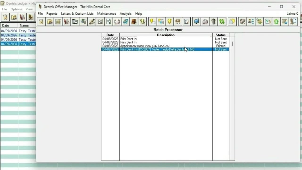 Dentrix Office Manager window open, Batch Processor section visible, showing insurance claim for "Tester, Testy" with status "Not Sent"