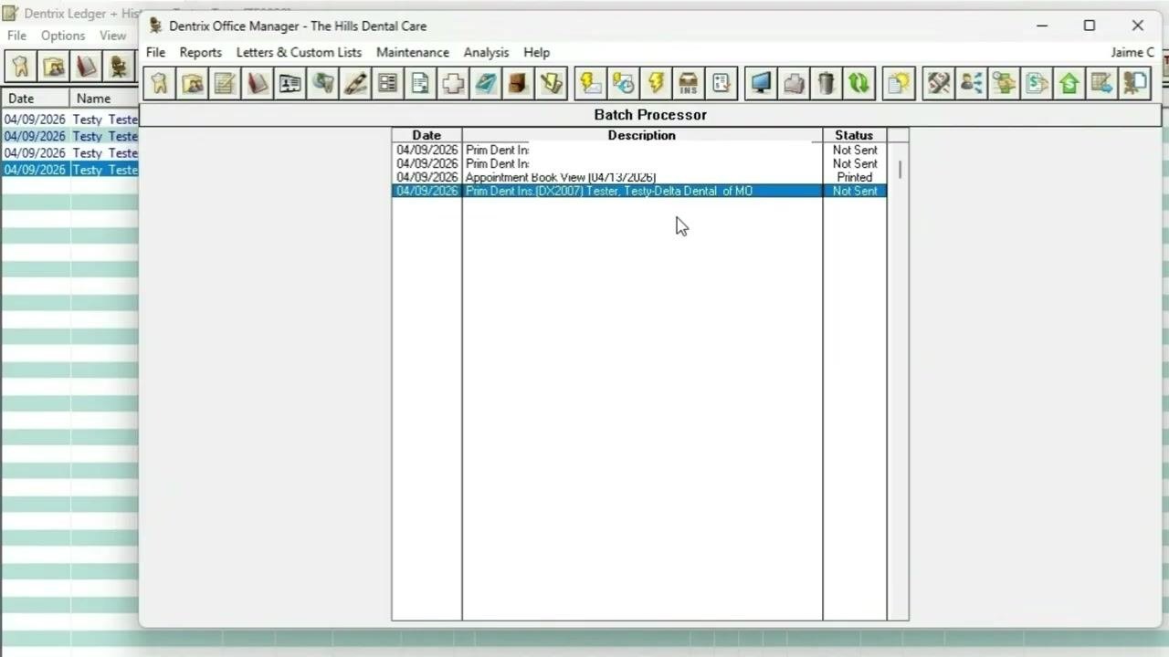 Electronic Claims Submission dialog open, showing options for sending all or selected dental/medical claim forms, with "All Dental Claim Forms" selected