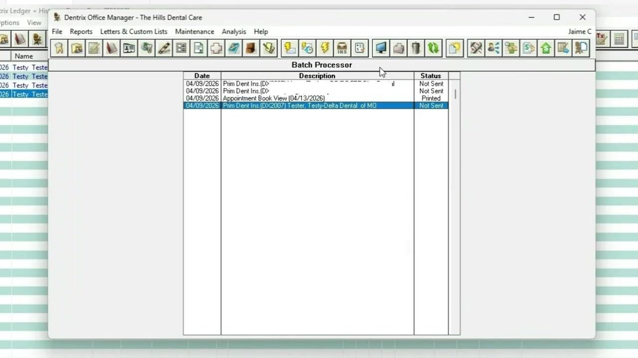 Dentrix Office Manager Batch Processor with claim selected and cursor over Print icon, "Print Report(s)" tooltip visible