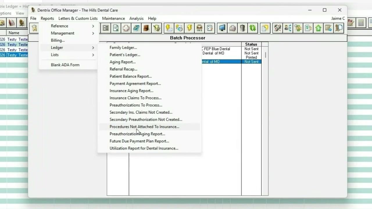 Dentrix Office Manager, Reports > Ledger menu open, "Procedures Not Attached To Insurance" highlighted