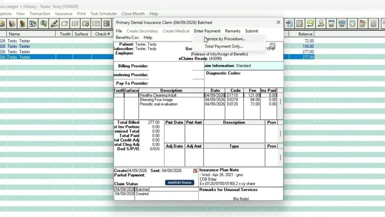 Dentrix Primary Dental Insurance Claim window with "Enter Payment" menu open and "Itemize by Procedure" highlighted, showing claim details, procedures, and payment fields