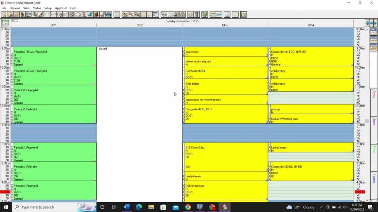 Dentrix Appointment Book with color-coded time blocks for different appointment types, such as hygiene, high production, new patients, and emergencies