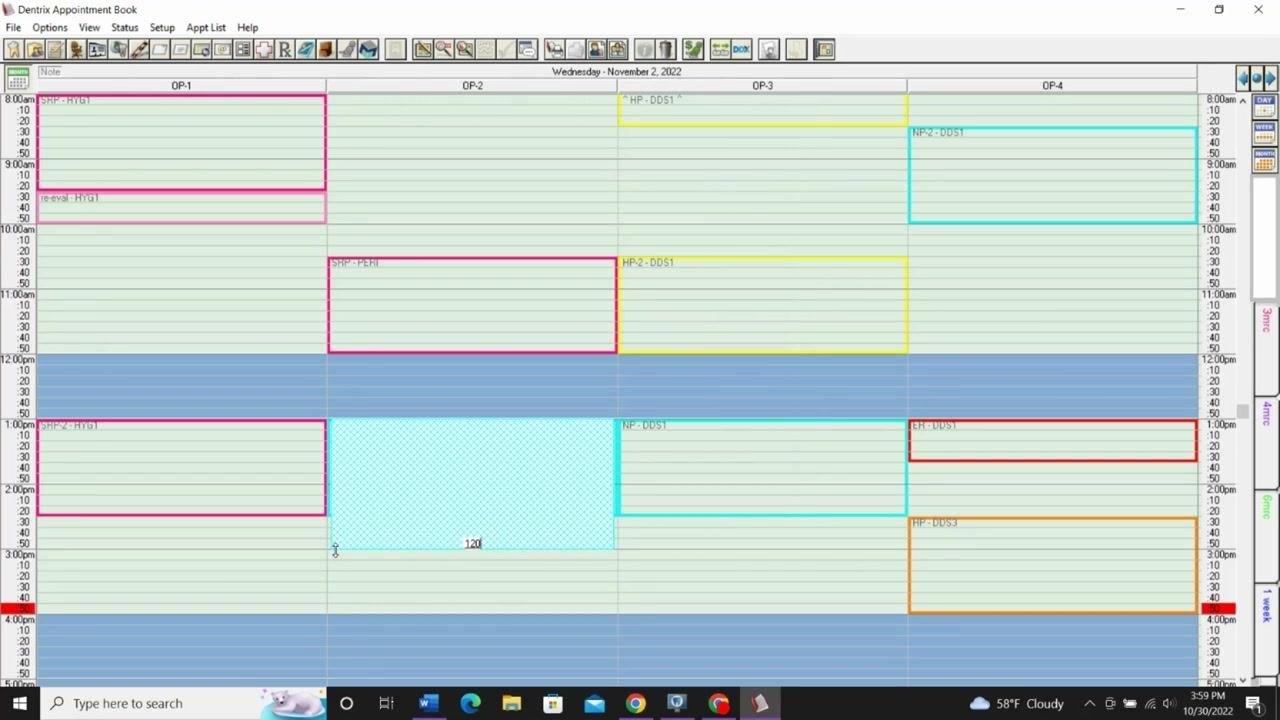 Dentrix Appointment Book with a time block being resized, showing the updated length and time range