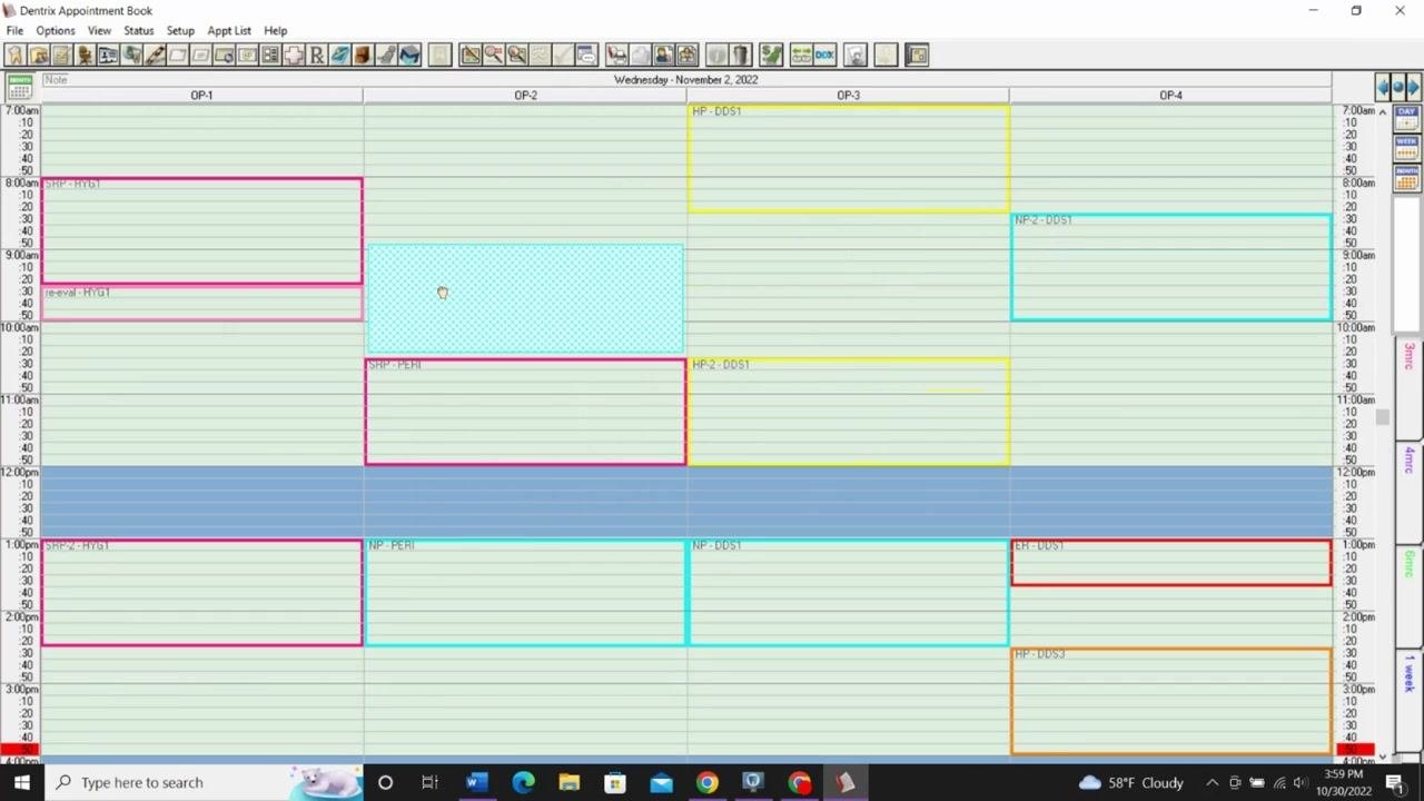 Dentrix Appointment Book with a selected or highlighted appointment block, indicating an action to move or adjust the schedule