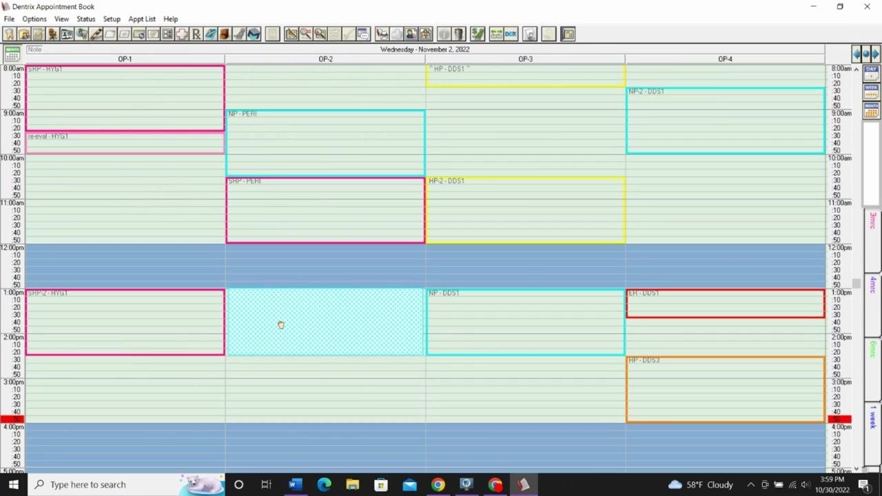 Dentrix Appointment Book with clear, non-overlapping appointment blocks, showing a well-organized schedule