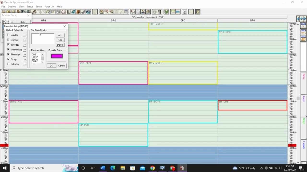 Dentrix Provider Setup window with the "Set Time Blocks" section highlighted, showing Add, Edit, and Delete buttons, with the main schedule visible in the background