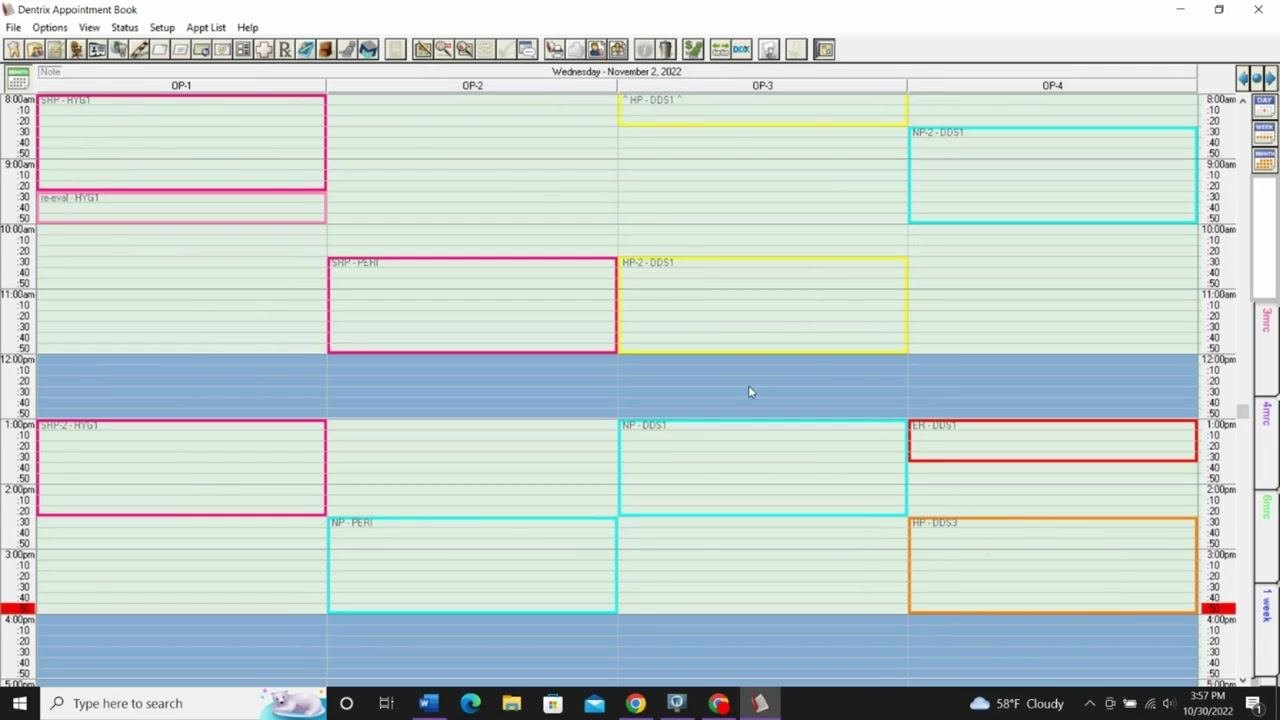 Dentrix Appointment Book showing the newly created orange HP time block for DDS3 in OP-4, Wednesday 2:30 pm–4:00 pm