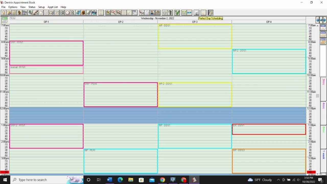 Dentrix Appointment Book with the "Perfect Day Scheduling" icon highlighted at the top, showing time blocks in the schedule