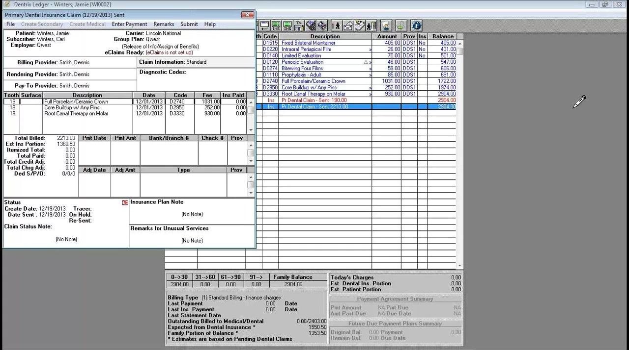 Dentrix Ledger with claim details and note fields visible, highlighting where to copy and paste insurance claim notes