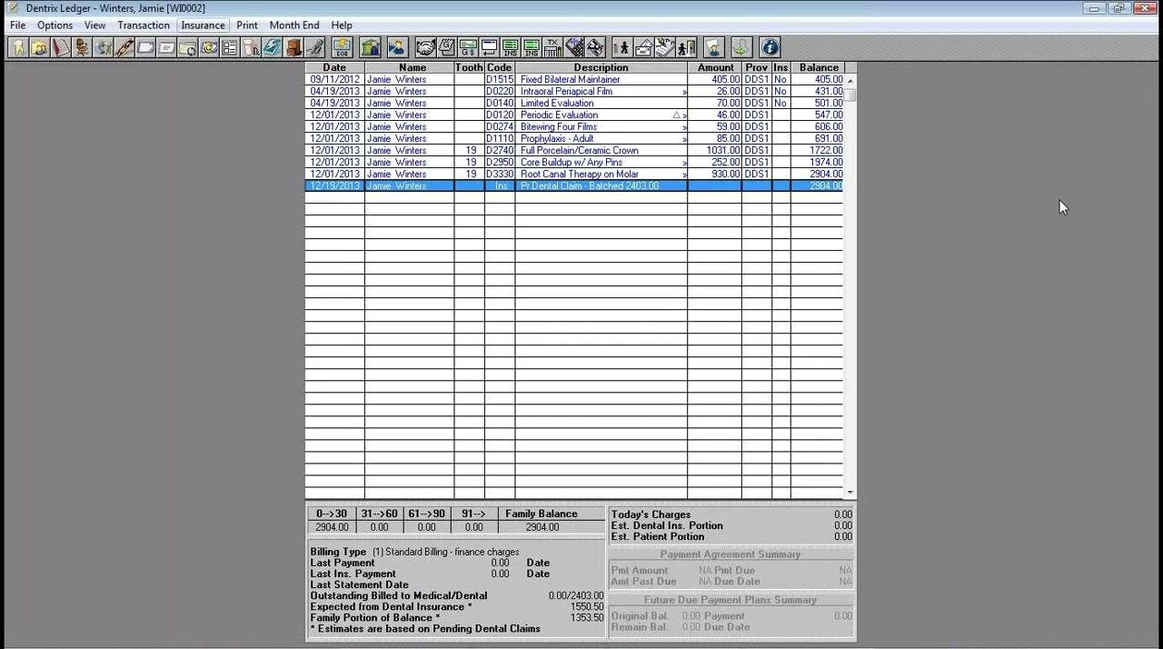 Dentrix Ledger screen showing a list of claims for Jamie Winters, with the primary claim highlighted