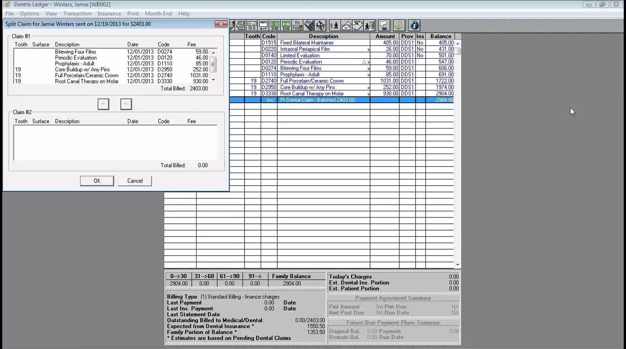 Split Claim dialog box open, showing procedures under Claim #1 and Claim #2, with arrow buttons to move procedures between claims